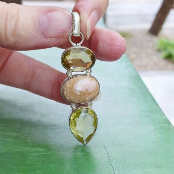 Yellow Topaz ✦ Peach Calcite ✦ Peridot Pendant ✦ Sterling Silver Made In Italy - Picture 6 of 13